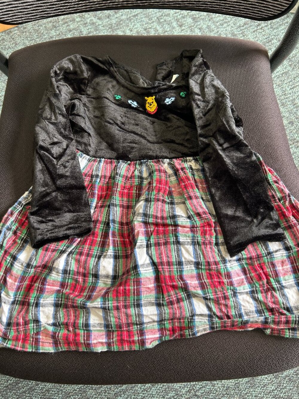 90s Vintage Winnie the Pooh Black Velveteen & Plaid Dress - 3T